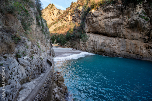 Fiordo di Furore, the characteristic bridge that overlooks the beach on the Amalfi Coast. Italy