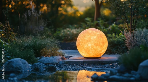 Illuminated spherical sculpture radiates warmth in a tranquil garden at sunset photo