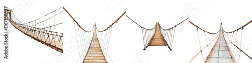 Suspended Wooden Pathway Crossing Rugged Landscape Adventure  Dangerous yet thrilling rope bridge traversing deep ravine or canyon in remote untamed wilderness setting