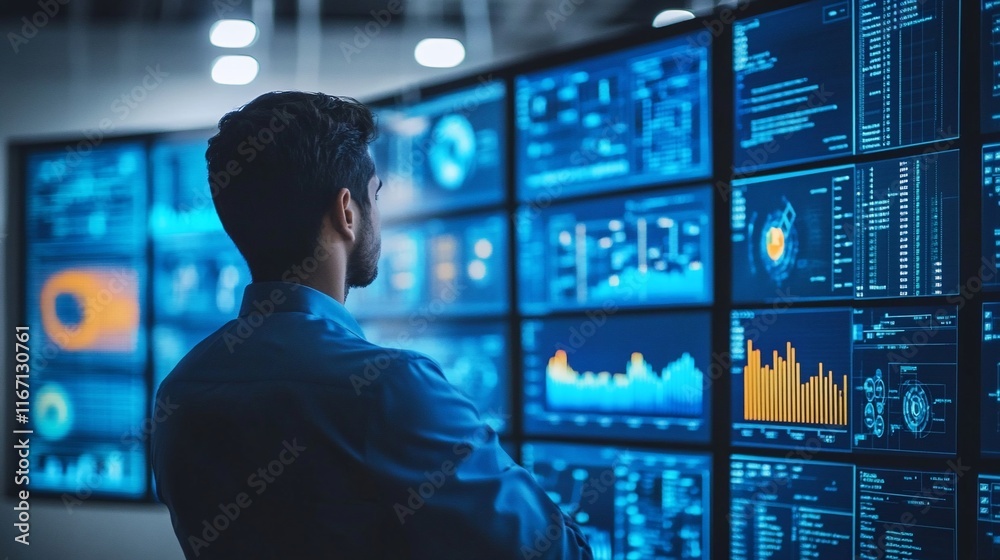 Man reviewing data on large monitors. Man reviewing data on large monitors.
