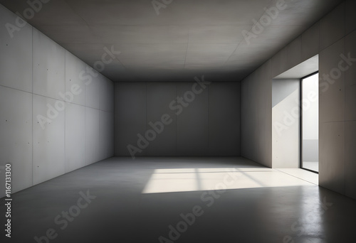 A stock photo presenting a dimly lit, 3D-rendered concrete interior, emphasizing its spacious emptiness, raw material texture, and modern abstract aesthetic.