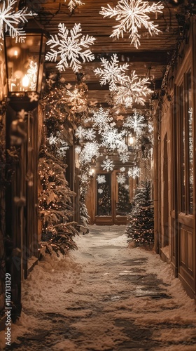Magical Winter Alleyway with Snowflakes and Holiday Decorations
