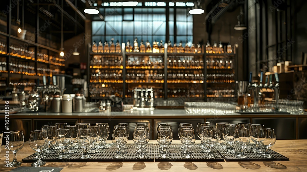 Elegant Bar Counter with Glassware in Modern Distillery Setting Elegant Bar Counter with Glassware in Modern Distillery Setting
