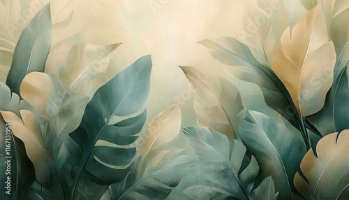 Tropical Foliage Watercolor Art with Green Beige Leaves for Interior Wallpaper