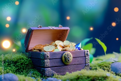 A treasure chest full of gold coins gems and accessories in the background is an enchanted forest with glowing lights and sparkling particles floating around it photo