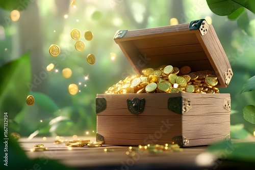 A treasure chest full of gold coins gems and accessories in the background is an enchanted forest with glowing lights and sparkling particles floating around it photo