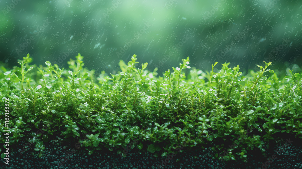 Fototapeta premium Lush Green Moss Thriving Under Gentle Rainfall Creating a Vibrant Natural Scene Full of Life and Freshness in a Tranquil Forest Setting Evoking a Sense of Peace and Renewal