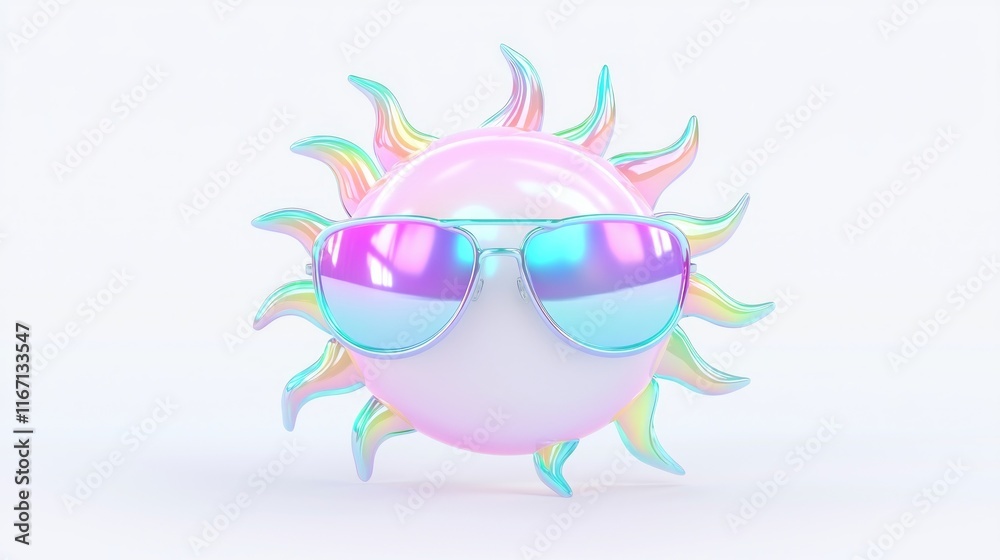 Obraz premium Funky Neon Sun 3D Icon with Sunglasses - Y2K Summer Vibes, Radiant Rays, Smooth Surface, Isolated on White Background