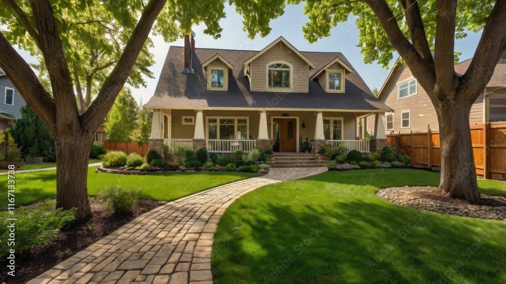 A charming green house with a wide porch surrounded by lush gardens on a sunny day, showcasing a serene suburban neighborhood A charming green house with a wide porch surrounded by lush gardens on a sunny day, showcasing a serene suburban neighborhood