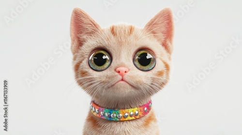 Adorable Y2K Inspired 3D Kitten Icon with Oversized Eyes and Vibrant Collar on White Background photo