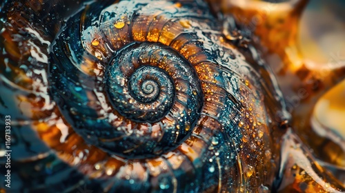Close-Up Detail of a Beautiful Nautilus Shell with Water Drops