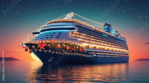 Cruise Ship at Sunset with Christmas Decorations on a Tranquil Sea