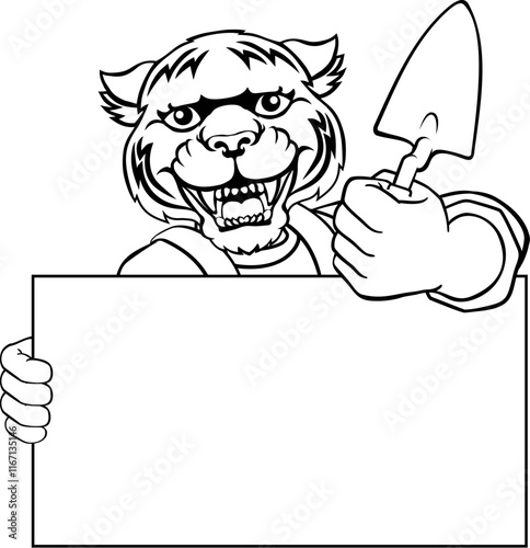A bricklayer tiger handyman cartoon construction mascot character holding a trowel tool