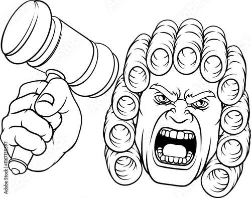 An angry judge cartoon character holding a wooden hammer gavel