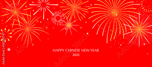 Festive Chinese New Year red fireworks background for 2025 celebration with golden decorations
