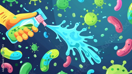 Colorful Cartoon Bacteria and Gloved Hand Spraying Disinfectant