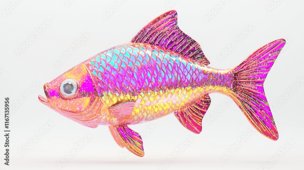 Fototapeta premium Glitzy Y2K Fish Icon - Vibrant 3D Render Model with Whimsical Aesthetics and Polished Finish on Isolated White Background