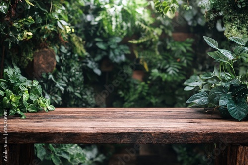 Rustic wooden table surrounded by lush greenery in a tranquil indoor garden s...