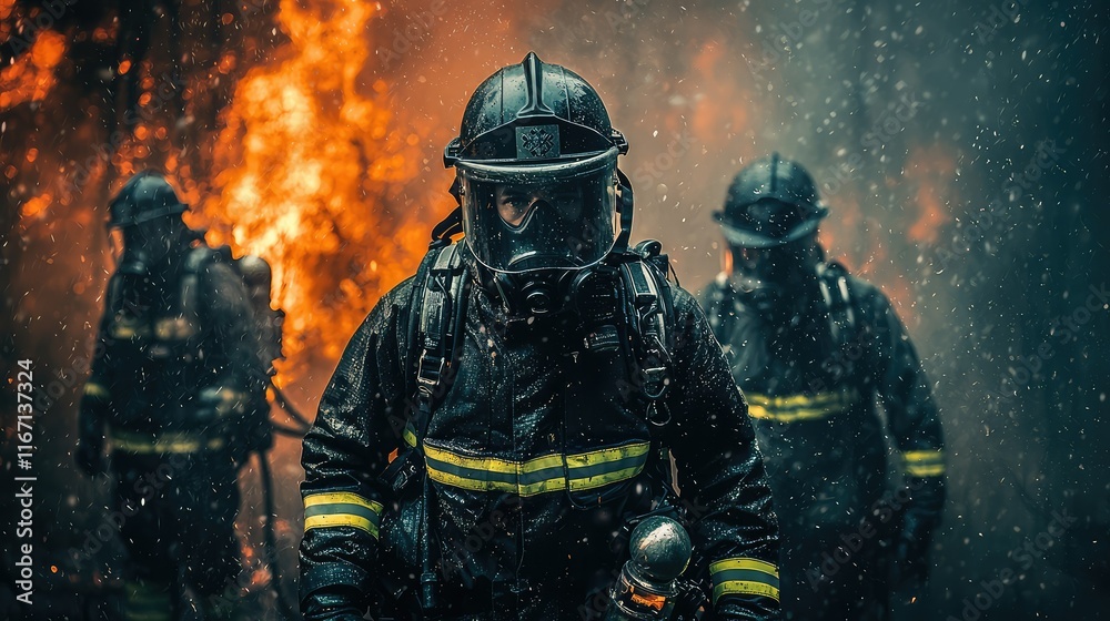 Brave firefighters battling intense flames in a smoky environment Brave firefighters battling intense flames in a smoky environment