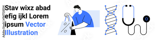 Person holding an eco-friendly bag, scientific DNA helix, and a stethoscope. Ideal for medical research, health care, genetics, shopping, environmental issues biotechnology and wellness. Landing