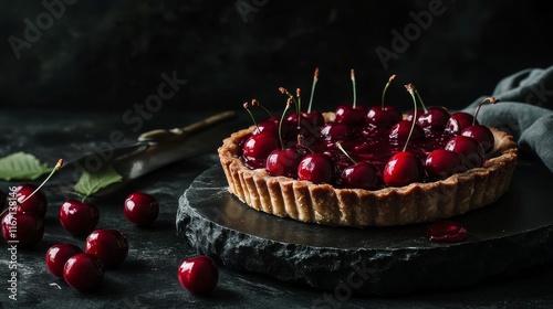 Cherry tart on a dark surface with fresh cherries garnishing the dessert