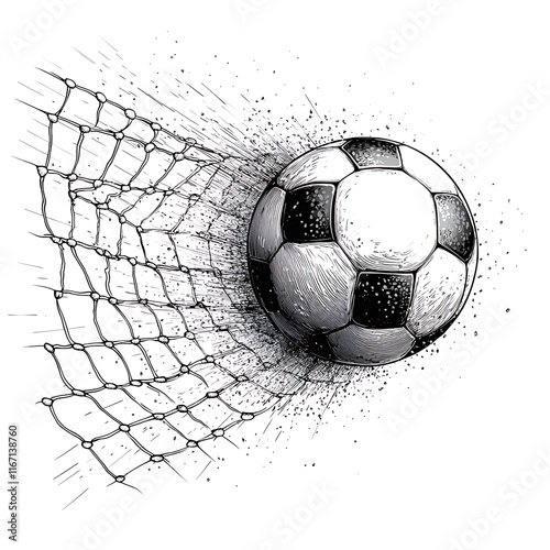 Dramatic soccer ball piercing a net, a captivating sports image.
