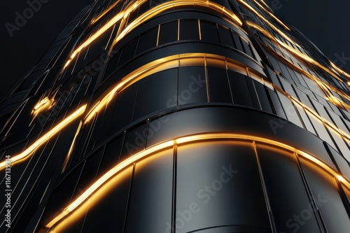 Sleek architectural marvel illuminated by golden lines at night under a starry sky. Generative AI