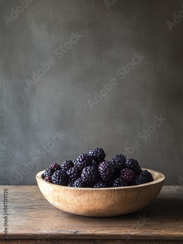 Fresh black grapes in a wooden bowl on a rustic table against a dark background