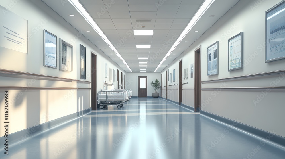 Empty hospital corridor with sunlight streaming in, showing clean, bright, and sterile environment with medical beds. Empty hospital corridor with sunlight streaming in, showing clean, bright, and sterile environment with medical beds.