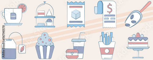 Set of vector icons related to cafes and beverages including coffee cups mugs and cafe elements
