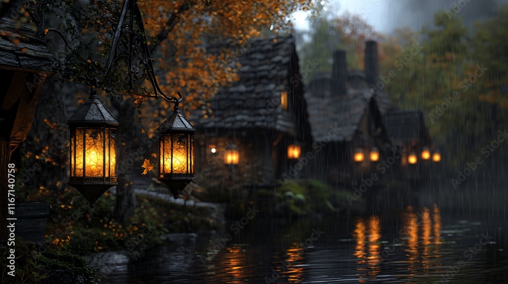 Misty autumn village with lit lanterns reflecting on water. Misty autumn village with lit lanterns reflecting on water.