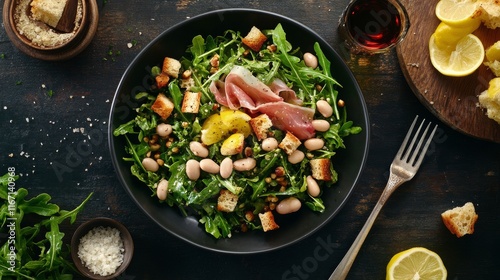 Delicious arugula salad topped with prosciutto, beans, and lemon slices arran...