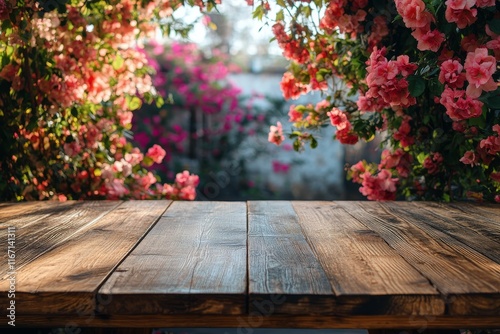 Colorful flower display behind rustic wooden table enhances serene atmosphere...