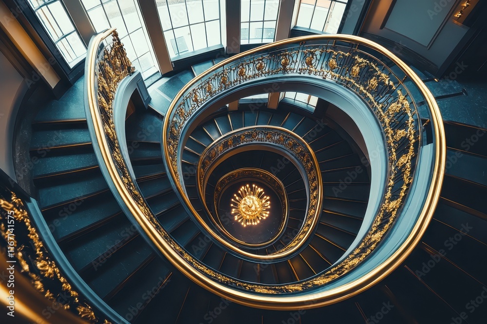 Obraz premium Elegant spiral staircase with ornate golden railing illuminated by soft light in a historic building in the late afternoon. Generative AI