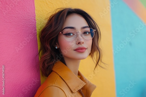 Young woman enjoying vibrant colors of urban mural in modern city