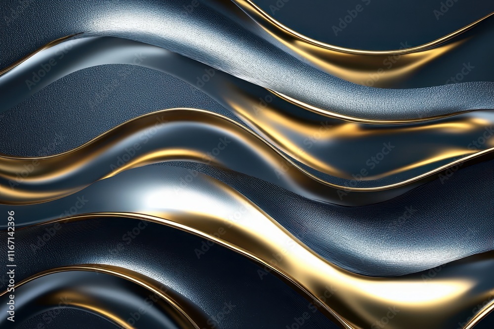 Fototapeta premium Elegant waves of metallic texture ripple across a dark surface, creating a striking visual contrast in an abstract design. Generative AI