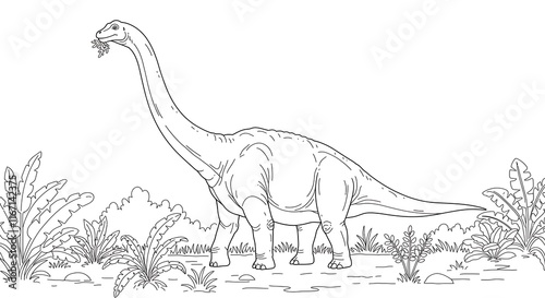 Charming prehistoric dinosaur coloring page illustration.  Extinct animal with long neck eating plants.