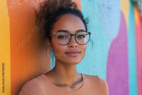 Young woman enjoying vibrant colors of urban mural in modern city