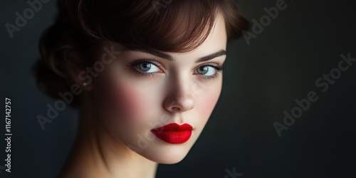 A young woman showcases her vibrant red lips and captivating blue eyes while standing against a dark backdrop in a dramatic portrait style