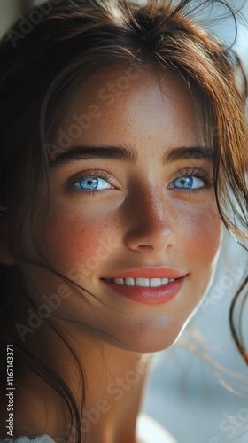 Beautiful woman with blue eyes and freckles smiling softly in natural light