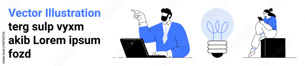 A man pointing while working on a laptop, a large light bulb, and a woman using a smartphone. Ideal for business innovation, teamwork, creativity, problem-solving, technology, communication A man pointing while working on a laptop, a large light bulb, and a woman using a smartphone. Ideal for business innovation, teamwork, creativity, problem-solving, technology, communication