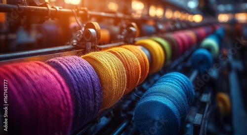 Colorful spools of yarn arranged on a rack in a textile workshop during the e...