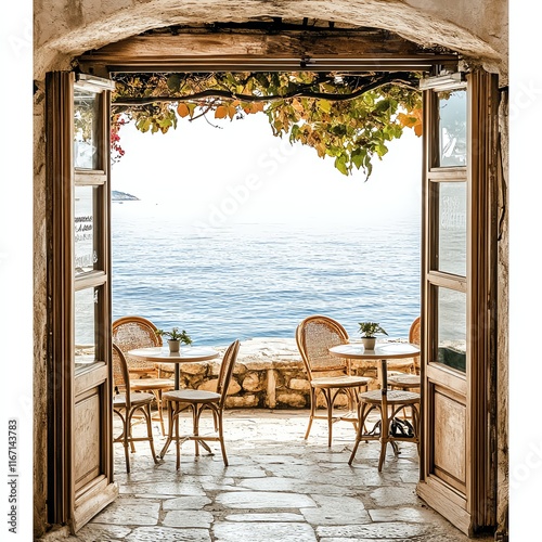 Charming view through open doors to a serene seaside cafe, inviting relaxation. photo