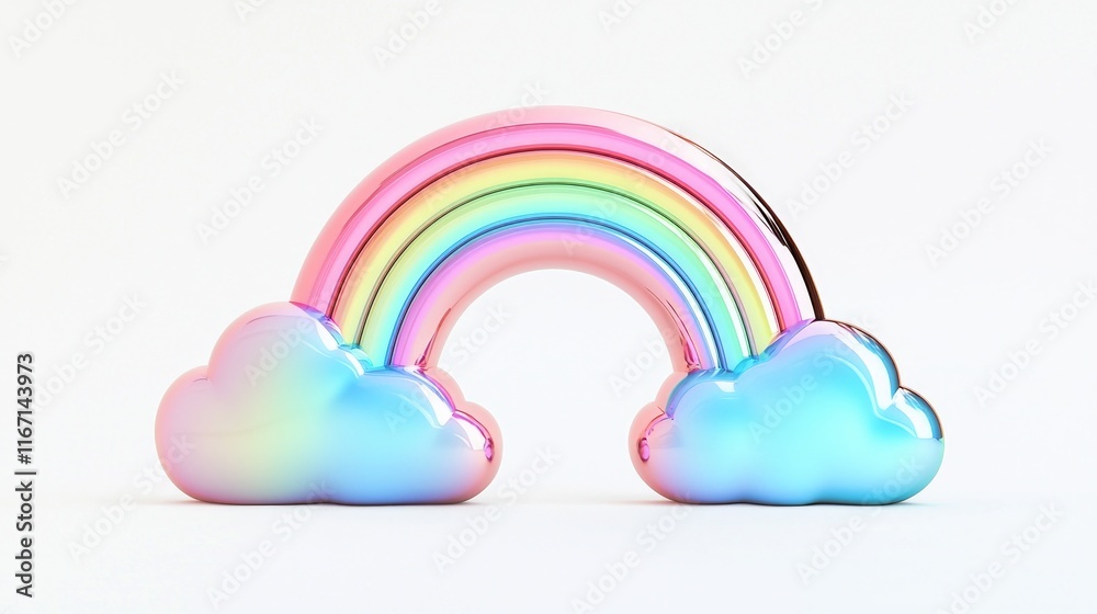 Whimsical Y2K Rainbow 3D Icon in Shiny Chromium Finish with Exaggerated Cloud Details | Ultra-Detailed 3D Render Model on White Background Whimsical Y2K Rainbow 3D Icon in Shiny Chromium Finish with Exaggerated Cloud Details | Ultra-Detailed 3D Render Model on White Background