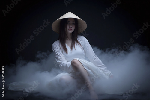 person, dim, setting, surrounded, flowing, fabrics, conical hat