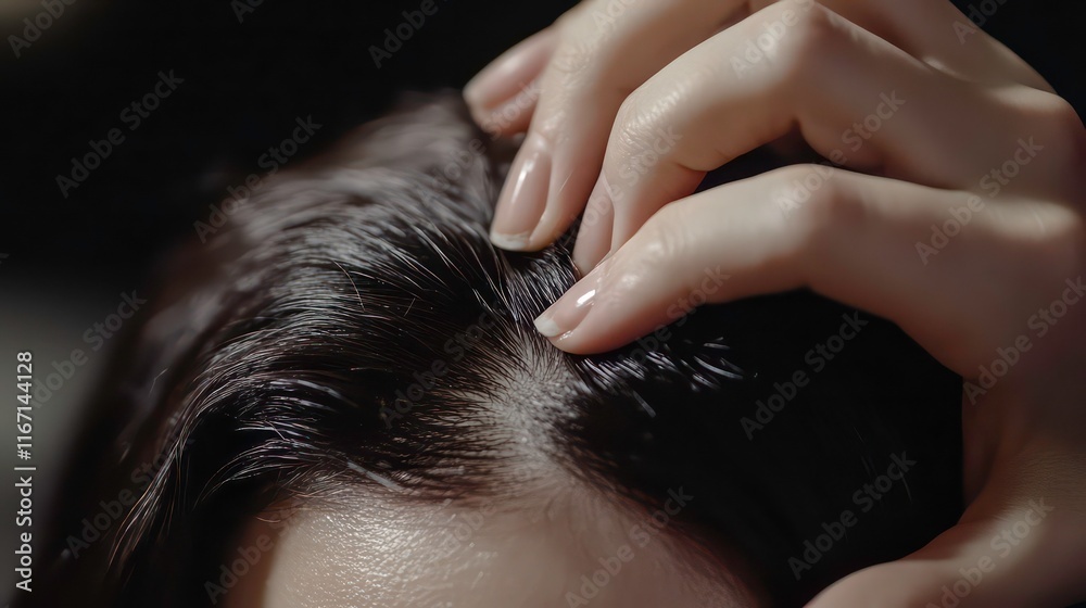 Fototapeta premium Woman's hands parting thinning hair, close-up, neutral color palette