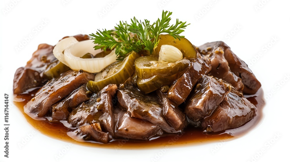 Savory dish of sliced meat with pickles and garnishes, white isolate background. Savory dish of sliced meat with pickles and garnishes, white isolate background.