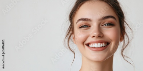 A joyful young woman smiles brightly, showcasing her radiant skin and subtle makeup, emphasizing natural beauty in a soft, neutral setting