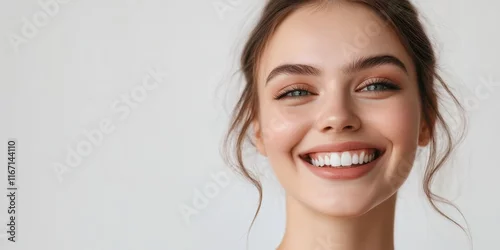 Fototapeta A joyful young woman smiles brightly, showcasing her radiant skin and subtle makeup, emphasizing natural beauty in a soft, neutral setting