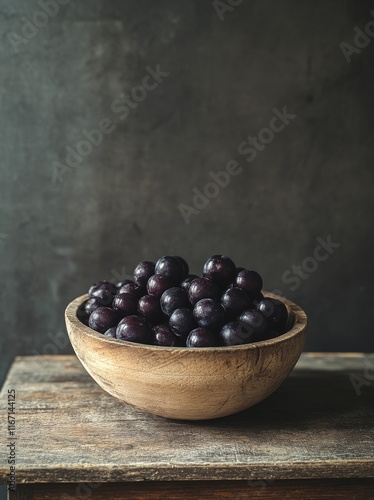 Fresh black grapes in a wooden bowl on a rustic table against a dark background